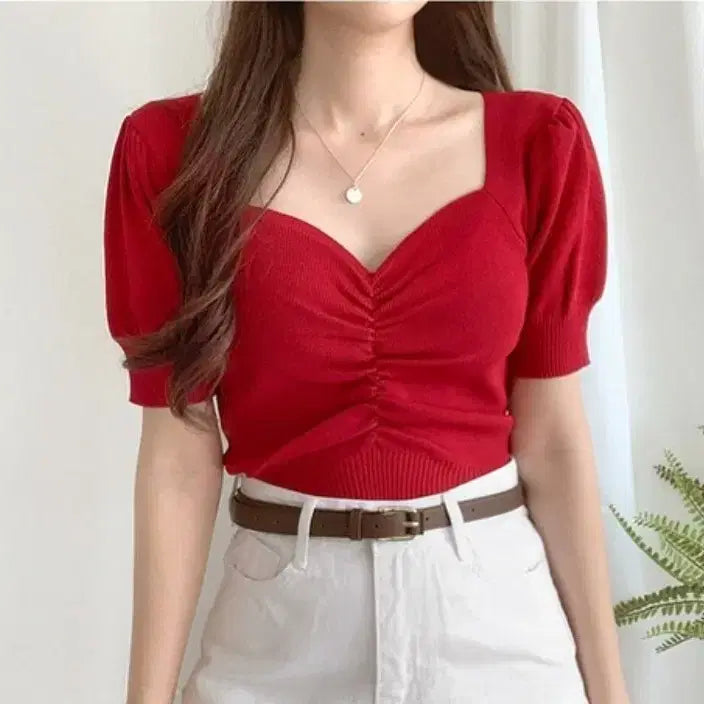 [BUNJANG] Shirring Puff Short Sleeve Knit Crop Top (Red) / [옷장정리] 여름옷 셔링 퍼프 반팔 니트탑 크롭탑(레드)