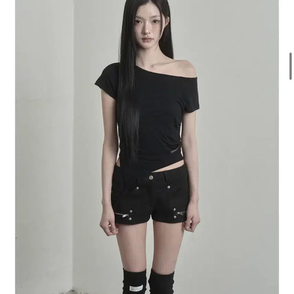[BUNJANG] Inegi Layered One Shoulder Short Sleeve Top Black / 이네기 레이어드 원숄더 반팔 블랙