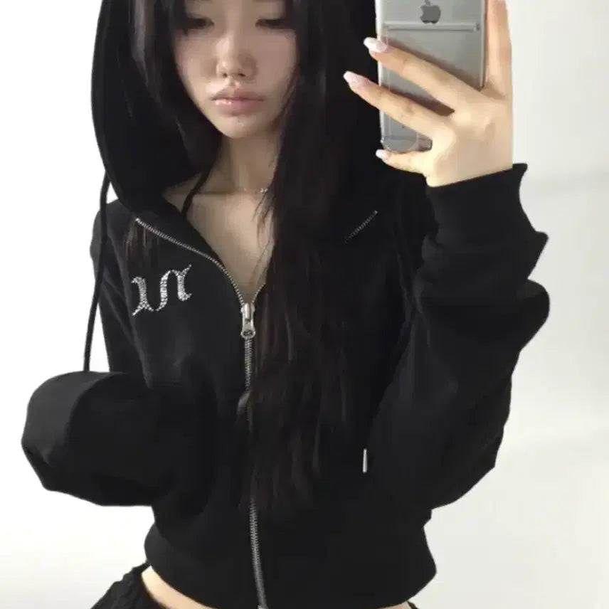 [BUNJANG] Polling Up Hotfix Cubic Two-Way Slim Fit Hooded Zip-Up Black / 폴링업 핫픽스 큐빅 투웨이 슬림핏 후드집업 블랙