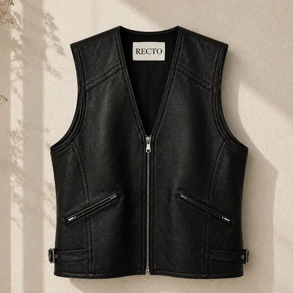 [BUNJANG] Recto 24SS Theo Goat Leather Rider Vest Black / 렉토 24SS 80s 테오 고트 레더 라이더 베스트 가죽 조끼 블랙
