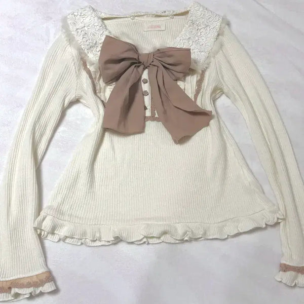 [BUNJANG] LizLisa Latte Vanilla Big Ribbon Knit / 리즈리사 라떼 바닐라 빅리본 로걀탑 니트 히메 갸루 러블리 히메카지 로걀 빈티지