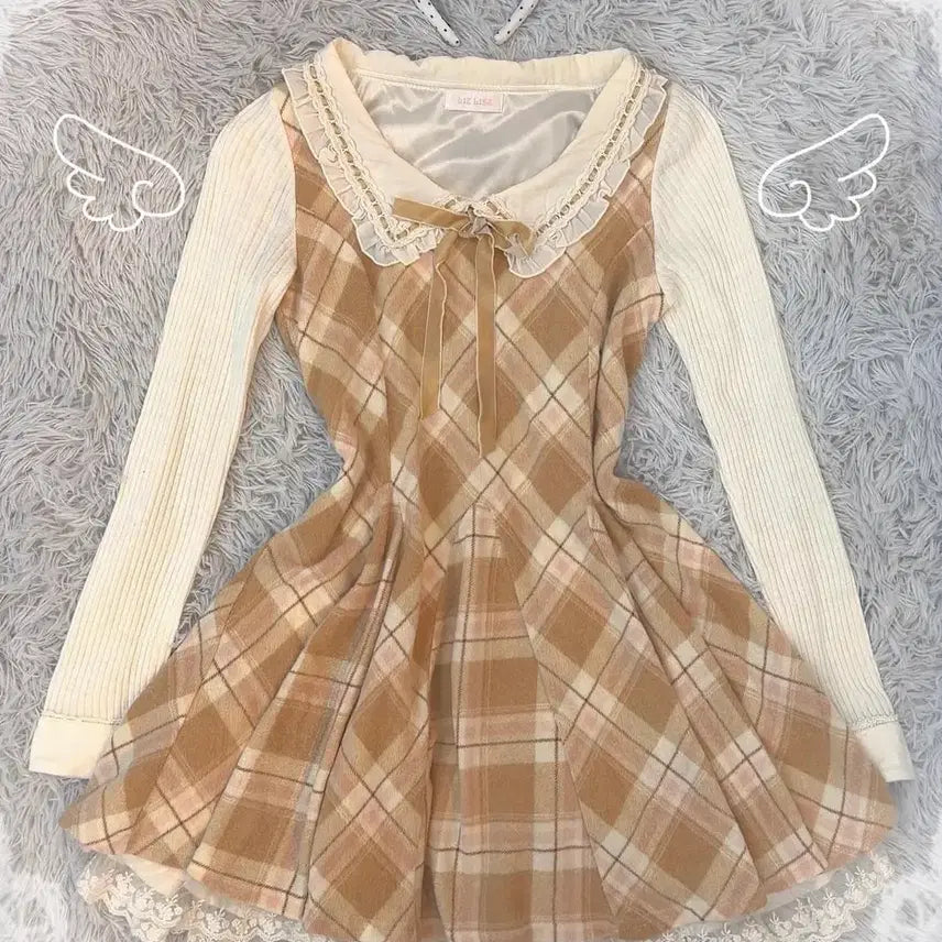 [BUNJANG] Lizlisa Latte Brown Check Dress / 리즈리사 라떼 브라운 체크 원피스 히메 카지 갸루 러블리 로걀 빈티지