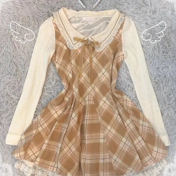 [BUNJANG] Lizlisa Latte Brown Check Dress / 리즈리사 라떼 브라운 체크 원피스 히메 카지 갸루 러블리 로걀 빈티지