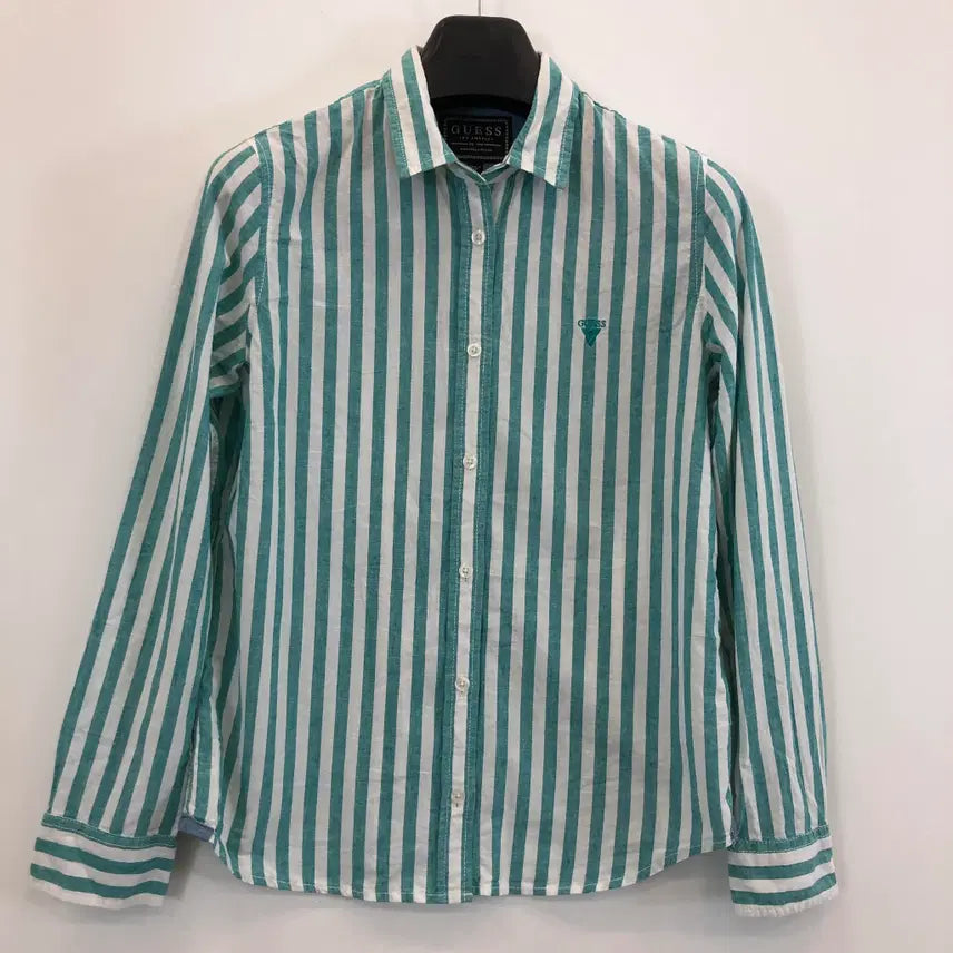 [BUNJANG] Guess Embroidered Logo Linen Blend Stripe Shirt XS / 게스 자수로고 린넨셔츠 XS