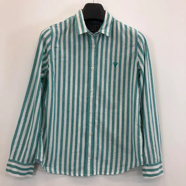 [BUNJANG] Guess Embroidered Logo Linen Blend Stripe Shirt XS / 게스 자수로고 린넨셔츠 XS