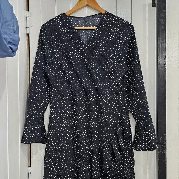 [BUNJANG] Women's Polka Dot Mini Dress / 여성 도트 원피스 Free 블랙 프릴 랩스타일 긴팔 봄 가을 미니원피스