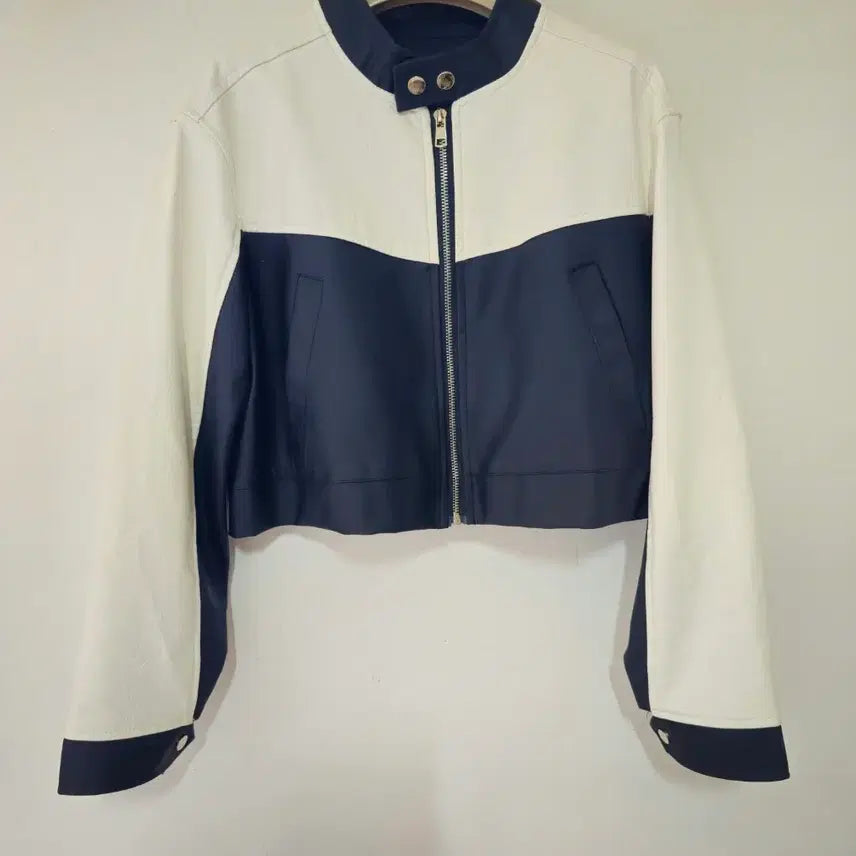 [BUNJANG] Compagna Two-Tone Color Block Crop Leather Jacket / 인디에프 꼼빠니아 라인 투톤배색 크롭 레더쟈켓 24년산 free 컨디션굿