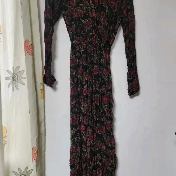[BUNJANG] Rose Flower Pattern Chiffon Long Dress / 로즈 플라워 쭈리 롱 원피스 F(~90)