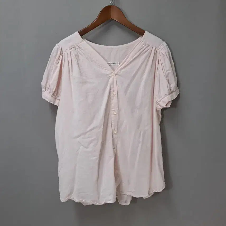 [BUNJANG] Pink Cotton Shirring Short Sleeve V-Neck Blouse / 핑크 면 셔링 반팔 브이넥 블라우스