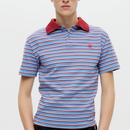 [BUNJANG] Stripe Crop Polo T-Shirt Blue / [XL] 스트라이프 크롭 폴로 티셔츠 블루