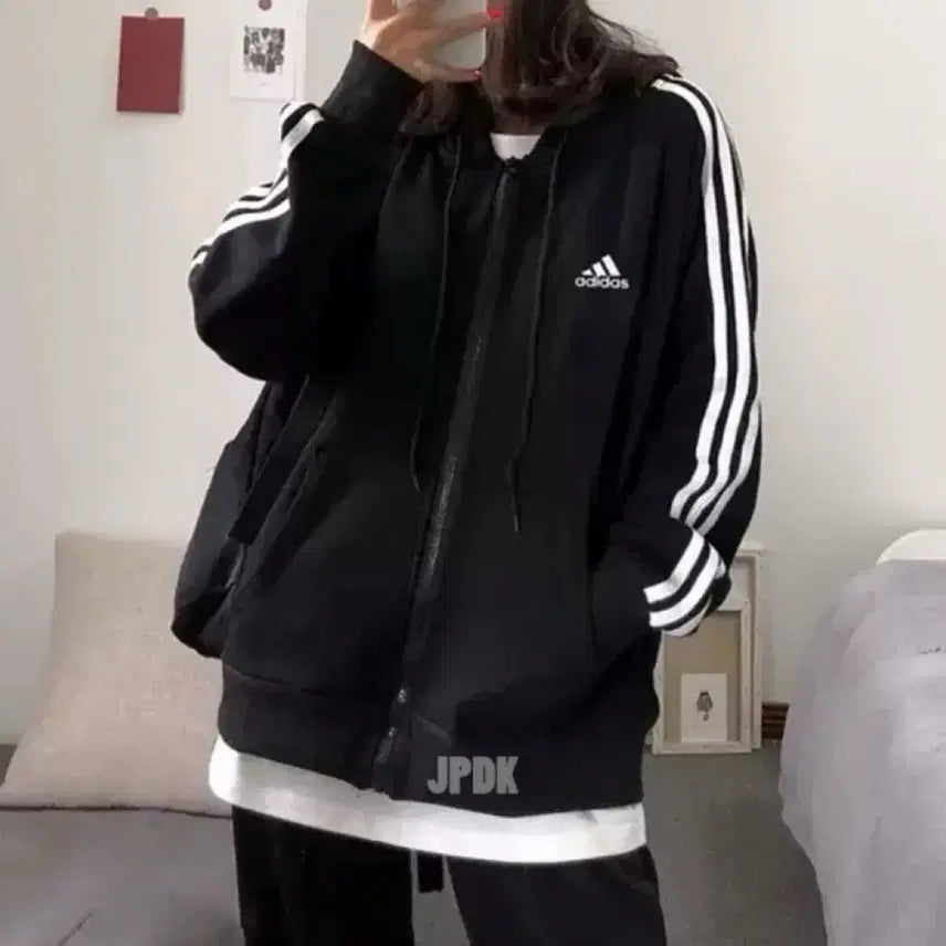 [BUNJANG] Adidas Three-Stripes Zip-Up Hoodie Black / 아디다스 삼선 집업 후드 블랙