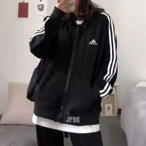 [BUNJANG] Adidas Three-Stripes Zip-Up Hoodie Black / 아디다스 삼선 집업 후드 블랙