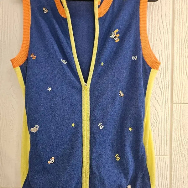 [BUNJANG] Women's Zip-Up Knit Vest Blue Yellow / 여90팬텀 집업 니트 조끼 블루 옐로우