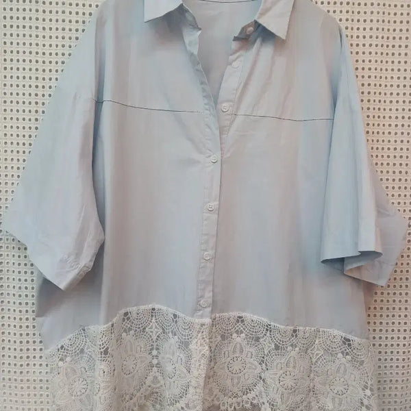 [BUNJANG] Lace Trim Sky Blue Shirt (Free Size) / 레이스 배색 하늘색셔츠 free