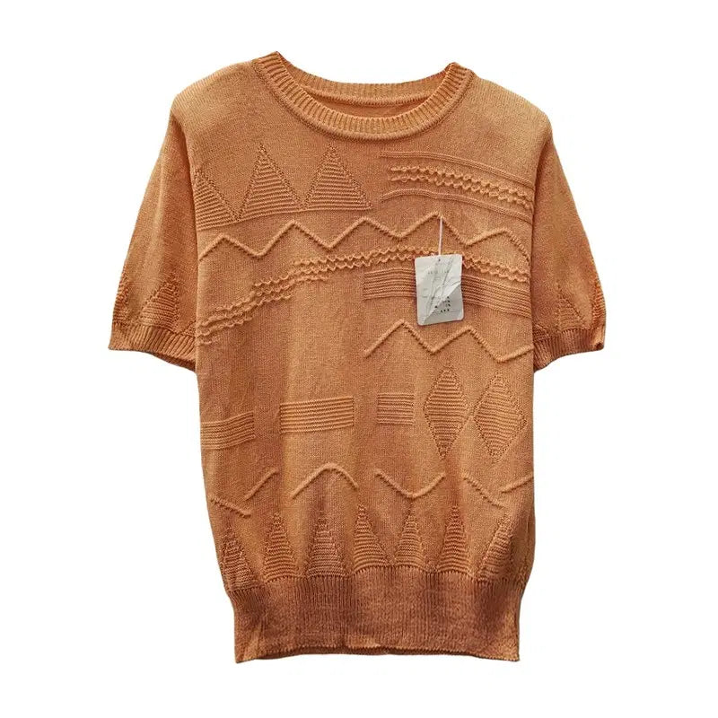 [BUNJANG] Ethnic Pinking Punch Linen Knit Short Sleeve T-shirt Light Orange M / [새상품] 에스닉 핑킹 펀칭 린넨 라이트오렌지 니트 반팔티 M