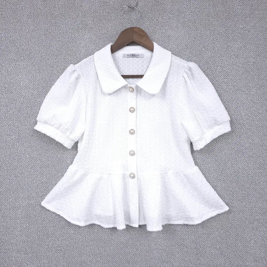 [BUNJANG] Blue Lace 26SS Women's Seersucker Puff Short Sleeve Jacket with Stretch Pearl Buttons / 블루레이스 [최신상 26SS] 여성 신축성 진주단추 시어서커 퍼프 반팔 자켓 55-마른66