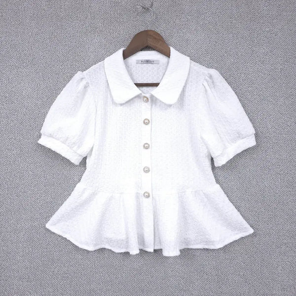 [BUNJANG] Blue Lace 26SS Women's Seersucker Puff Short Sleeve Jacket with Stretch Pearl Buttons / 블루레이스 [최신상 26SS] 여성 신축성 진주단추 시어서커 퍼프 반팔 자켓 55-마른66