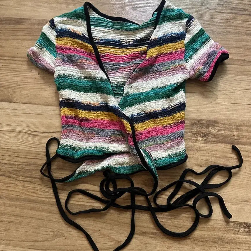 [BUNJANG] Vintage-Style Striped Crochet Wrap Knit Top / 빈티지st 랩 니트