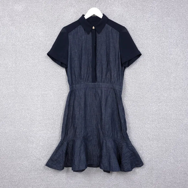 [BUNJANG] Topgirl Jewel Embellished Denim Chiffon Summer Short Sleeve Flare Dress Size 55 / 탑걸 [보석 장식] 여성 데님 쉬폰 썸머 반팔 플레어 원피스 55