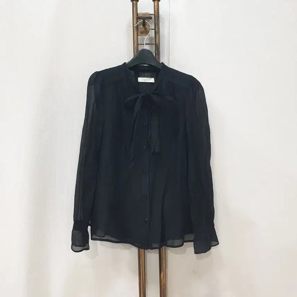 [BUNJANG] Line See-through Ribbon Tie Blouse Size 55 / (kk70308)라인 시스루 리본타이 블라우스 55