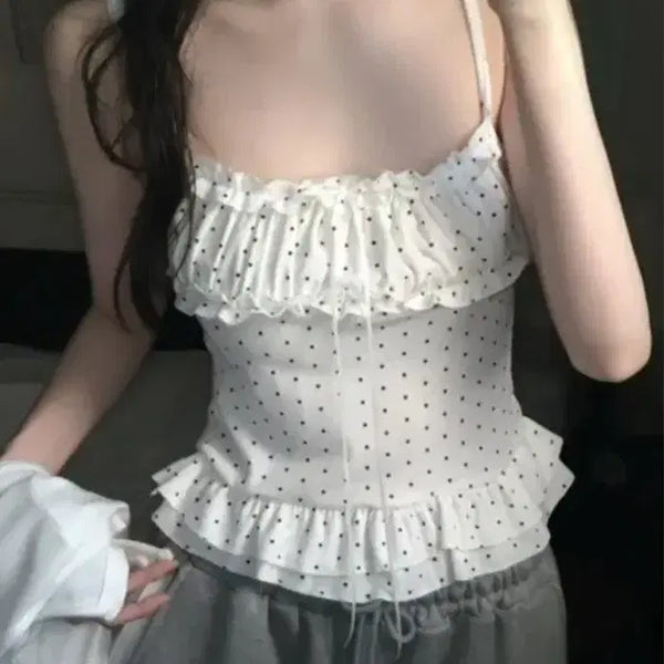 [BUNJANG] Polka Dot Frill Shirring Ribbon Sleeveless Bustier / 도트 프릴 셔링 리본 나시 뷔스티에