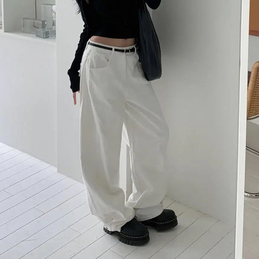 [BUNJANG] White Cotton Wide Pants Side Snap / 화이트 와이드 코튼 팬츠 / 사이드 스냅