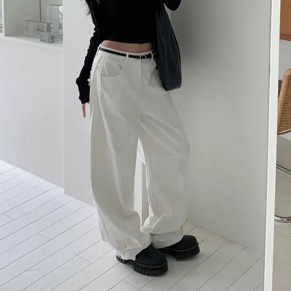 [BUNJANG] White Cotton Wide Pants Side Snap / 화이트 와이드 코튼 팬츠 / 사이드 스냅