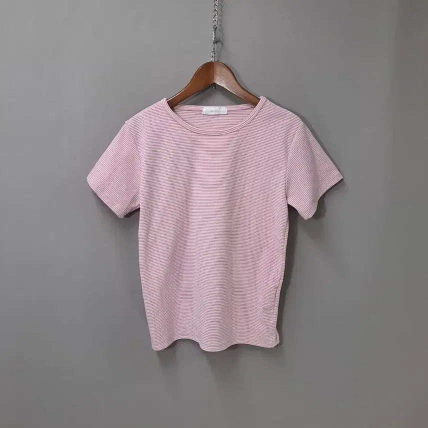 [BUNJANG] Pink Striped Short Sleeve Knit / 핑크 스트라이프 반팔 니트