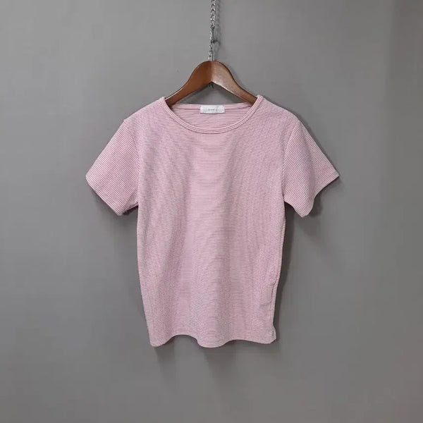 [BUNJANG] Pink Striped Short Sleeve Knit / 핑크 스트라이프 반팔 니트