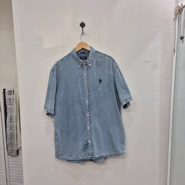 [BUNJANG] Whoau Men's Denim Shirt XL Embroidered Bear Logo / 후아유 데님 남성 셔츠 XL