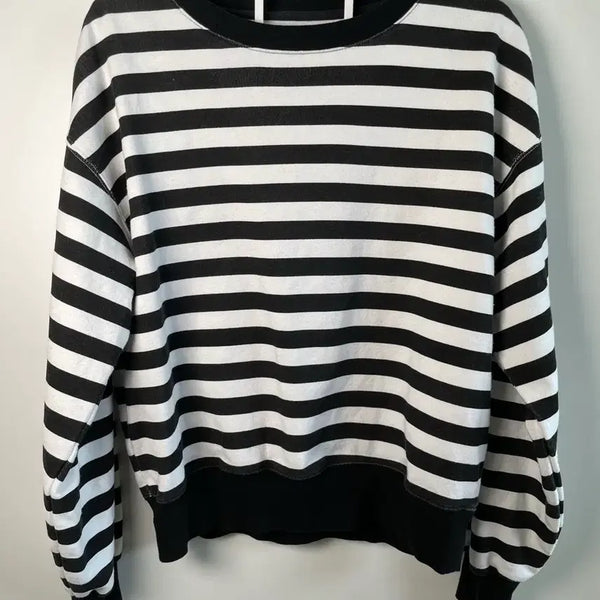 [BUNJANG] Amuse Society Mono Stripe Sweatshirt (Deep Optical Black & Soft Off-White) / 어뮤즈소사이어티 스트라이프 기모 스웨트셔츠