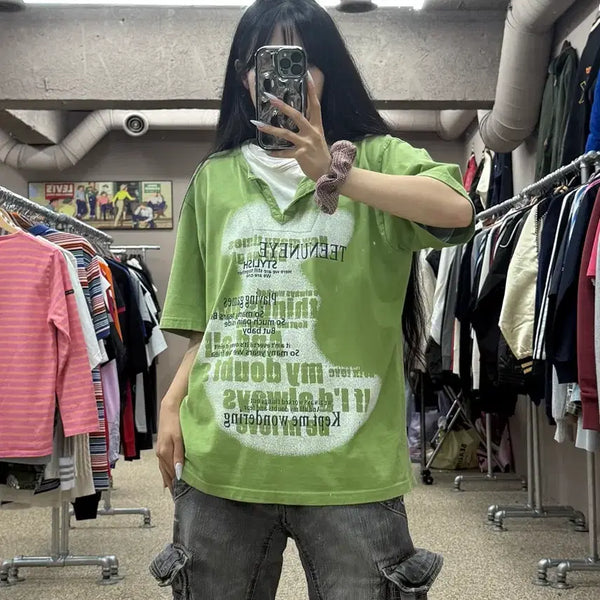 [BUNJANG] Vintage English Lettering Layered Short Sleeve T-Shirt / 빈티지 영문 레터링 레이어드 반팔 티셔츠 S161