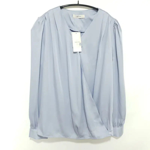 [BUNJANG] CHICLINE Rosain Satin Wrap Shirring Blouse - Blue / 시크라인 로제인 새틴 랩 셔링 블라우스 블루 F_M3463