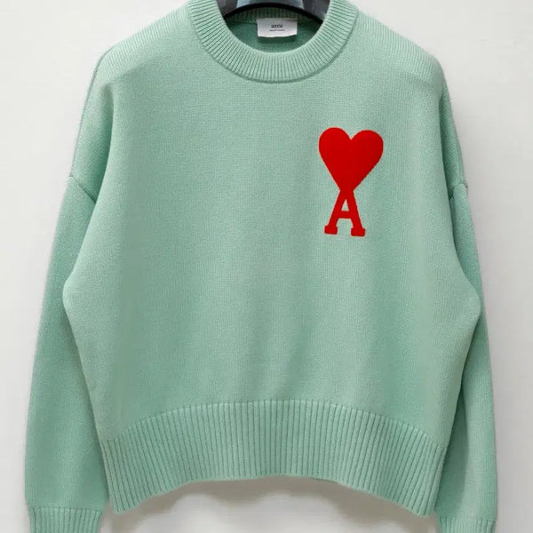 [BUNJANG] AMI Big Heart Intarsia Knit Aqua Green M / 아미 빅하트 인타르시아 니트 아쿠아그린 M