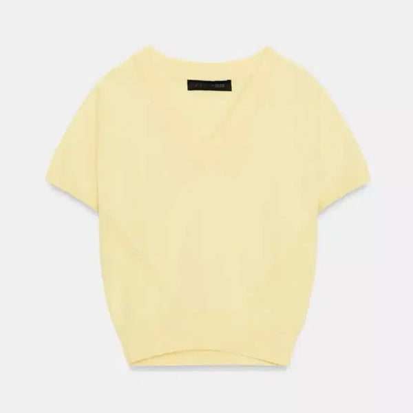 [BUNJANG] Zara V-Neck Short Sleeve Knit Yellow / 자라 브이넥 반팔 니트 옐로우 노랑