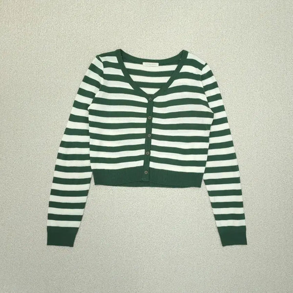 [BUNJANG] Autumn Beige Women's V-Neck Striped Long Sleeve Cardigan / (F)어텀베이지 여성 브이넥 스트라이프 긴팔 가디건