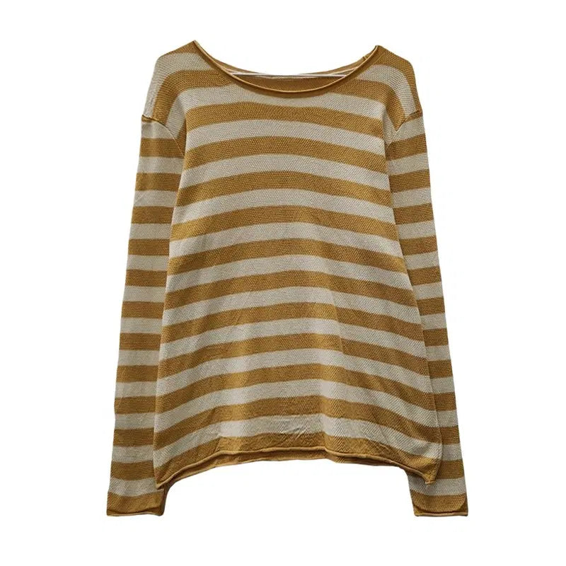 [BUNJANG] Papillon Stripe Knit Sleeve Long T-shirt Yellow L / 빠삐용 스트라이프 옐로우 쭉티 니트슬리브 L