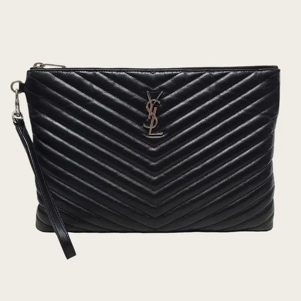 [BUNJANG] Saint Laurent Black Silver YSL Monogram Matelassé Clutch Bag / 생로랑 블랙 은장 YSL 모노그램 마틀라세 클러치백