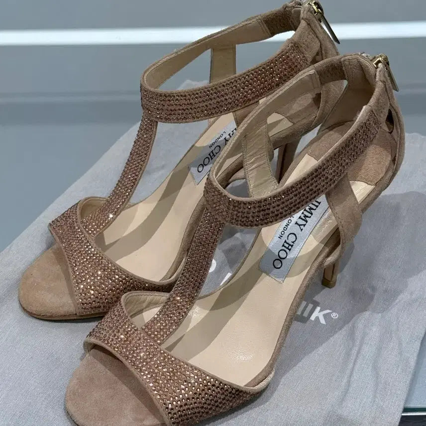 [BUNJANG] Jimmy Choo Swarovski Rhinestone T-Strap High Heel Sandals Gold Beige Size 37 / 정품 지미추 스와로브스키 라인스톤 샌들 티스트랩 하이힐  골드베이지 37