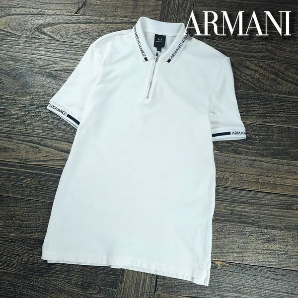 [BUNJANG] Giorgio Armani Logo Lettering Half-Zip Polo Shirt White / 아르마니 로고 레터링 하프집업 반집업 카라티 화이트 P02049