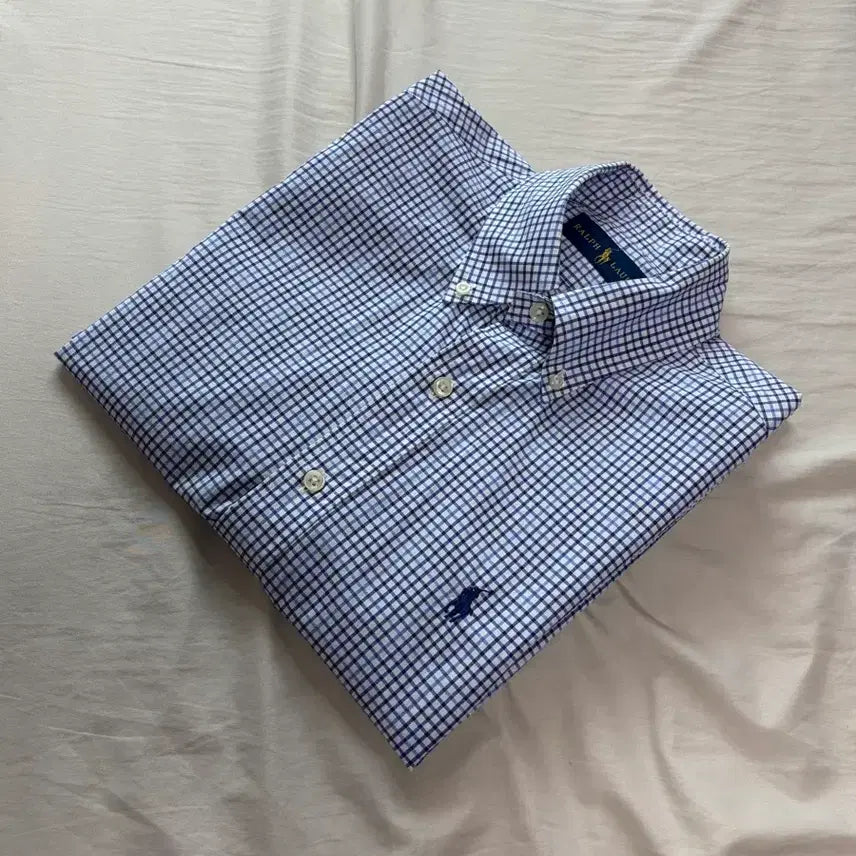 [BUNJANG] Polo Ralph Lauren Blue Fine Check Short Sleeve Shirt / XS) 폴로 랄프로렌 블루 잔체크 반팔 셔츠