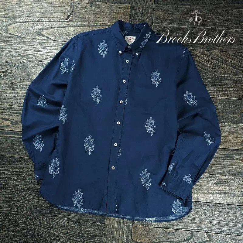 [BUNJANG] Brooks Brothers Linen Blend Multi Embroidery Pattern Shirt Navy / 브룩스브라더스 린넨 혼방 멀티 자수 패턴 셔츠 네이비 M22155