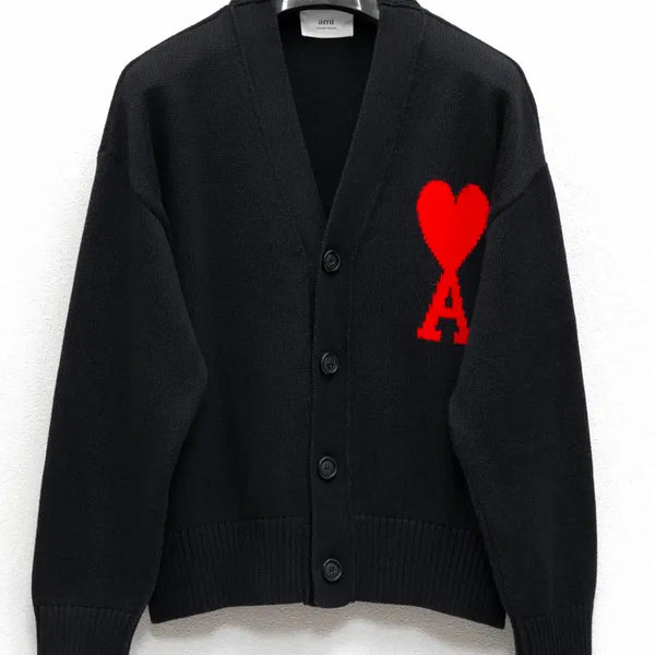 [BUNJANG] AMI Black Big Heart Intarsia Cardigan L / 아미 빅하트 인타르시아 가디건 블랙 L    E22UKC003