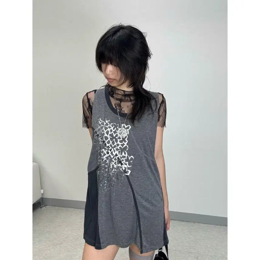 [BUNJANG] Hiroko Bis Charcoal Sleeveless Dress Vintage Clover Print / 일본빈티지 히로코비스 그레이 차콜 슬리브리스 원피스