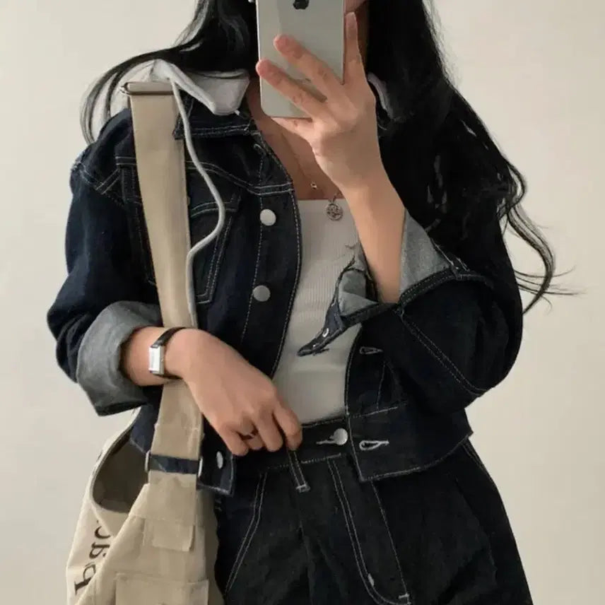 [BUNJANG] Denim Jacket with Grey Hood / 데님 후드 청자켓