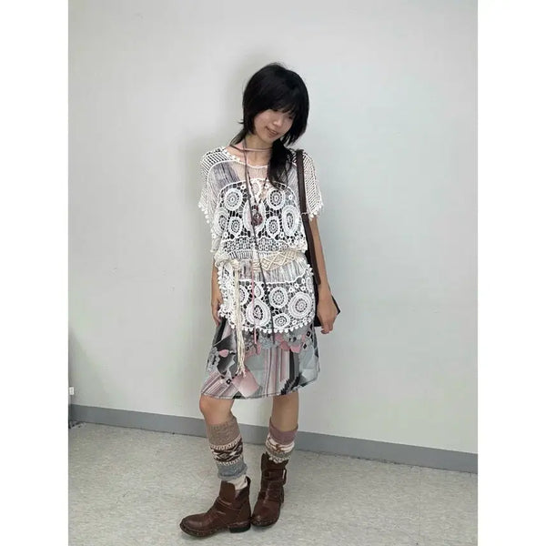 [BUNJANG] ATMARK White Crochet Short Sleeve Knit Top / 일본빈티지 히피 보헤미안 화이트 크로셰 반팔 니트