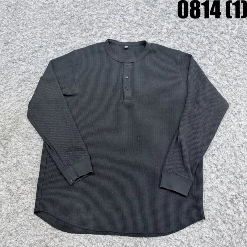 [BUNJANG] Uniqlo Waffle Henley Long Sleeve T-Shirt Black / 유니클로 와플 헨리넥 긴팔 티셔츠 블랙