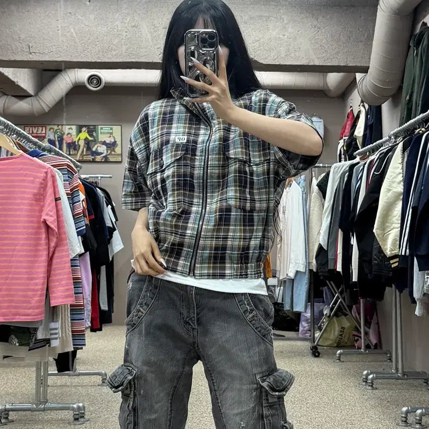 [BUNJANG] Angle American Style Short Sleeve Zip-Up Shirt S173 / 앙글 아메리칸 스타일 반팔 집업 셔츠 S173