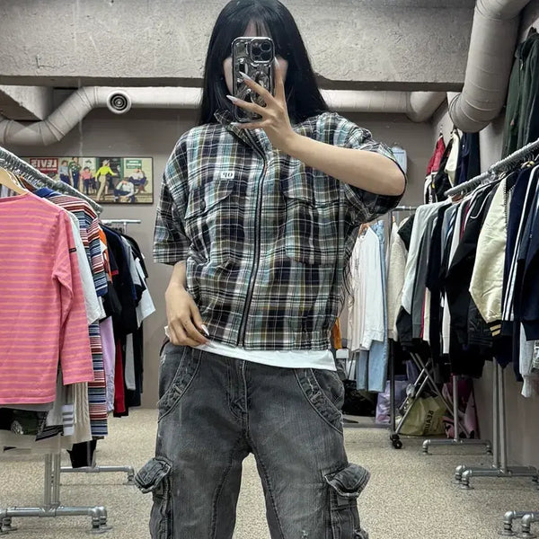 [BUNJANG] Angle American Style Short Sleeve Zip-Up Shirt S173 / 앙글 아메리칸 스타일 반팔 집업 셔츠 S173