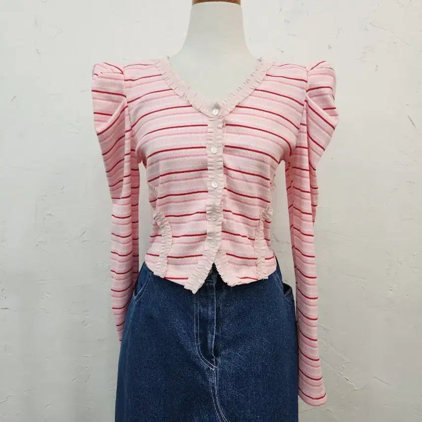 [BUNJANG] Pink Stripe Puff Sleeve Cardigan / 핑크 스트라이프 퍼프 소매 가디건